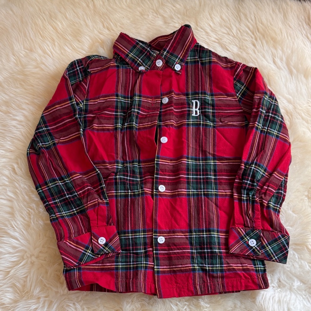 Red Plaid Kids Shirt with monogrammed “B”